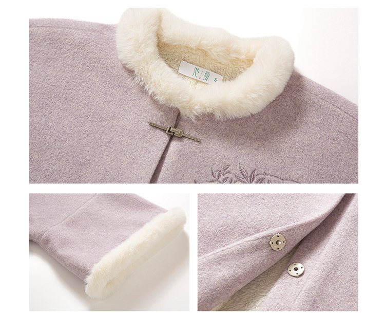 Close-up of soft fleece collar and textured wool fabric in lavender color