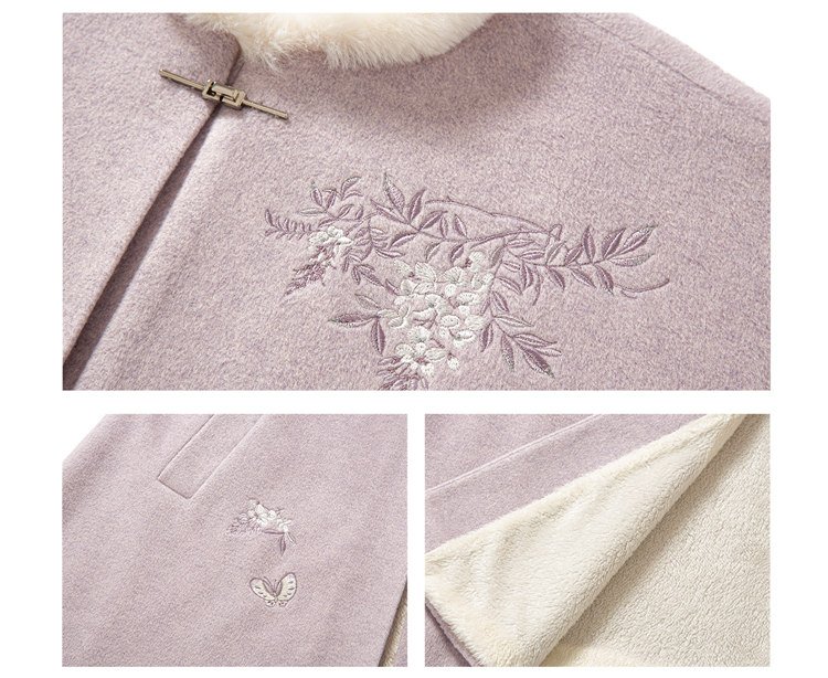 Detailed view of wisteria embroidery and lavender wool fabric
