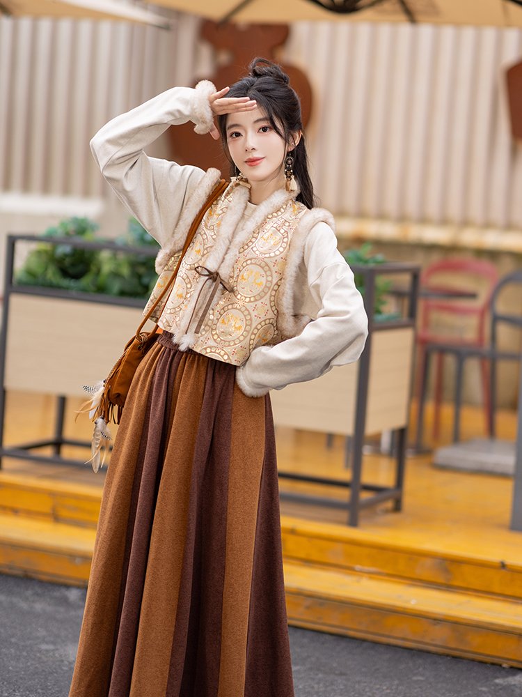 Side view of woman wearing fleece lined Tang style Hanfu outfit