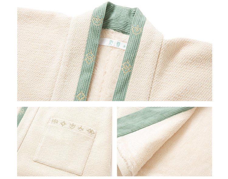 Close-up of cream wool short coat fabric and collar embroidery