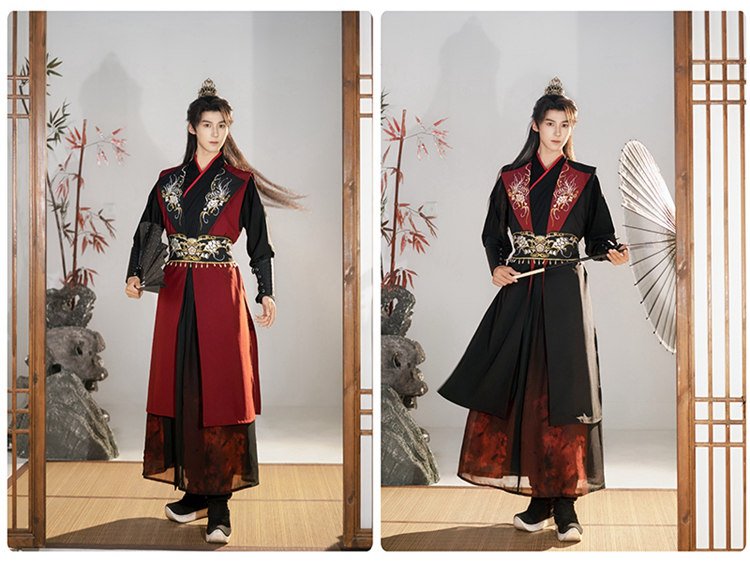 Two models wearing Wuxia-style Hanfu robes in red and black, showcasing martial hero look.