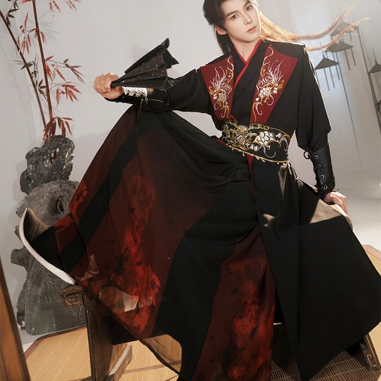 Wuxia Hanfu sets for men in red and black, featuring embroidery and martial arts aesthetic.