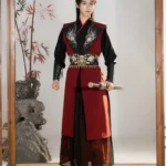Men’s Wuxia Hanfu Set with Embroidered Vest – Red & Black