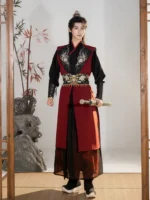 Men’s Wuxia Hanfu Set with Embroidered Vest – Red & Black