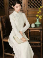 Zen Hanfu Dress Lightweight Wool-Blend Jacquard Long Dress - Image 2