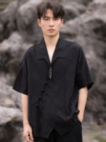 Black Linen Shirt Chinese Style Tang Suit Shirt - Image 3