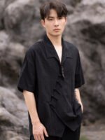 Black Linen Shirt Chinese Style Tang Suit Shirt - Image 4