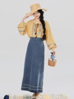 New Chinese Style Outfit Women – Embroidered Top & Denim Skirt - Image 2