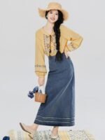 New Chinese Style Outfit Women – Embroidered Top & Denim Skirt - Image 5