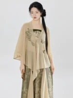 Chinese Fashion Clothes Chiffon Shawl Strap Top & Pleated Skirt Set
