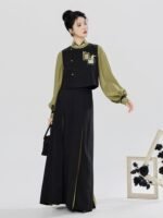 Modern Hanfu Three Piece Set Women – Embroidered Vest, Stand Collar Blouse & Flowing Skirt - Image 5