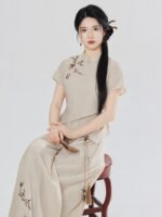 Modern Hanfu Pants Set Women – Embroidered Linen Feel Top & Wide Leg Trousers - Image 2