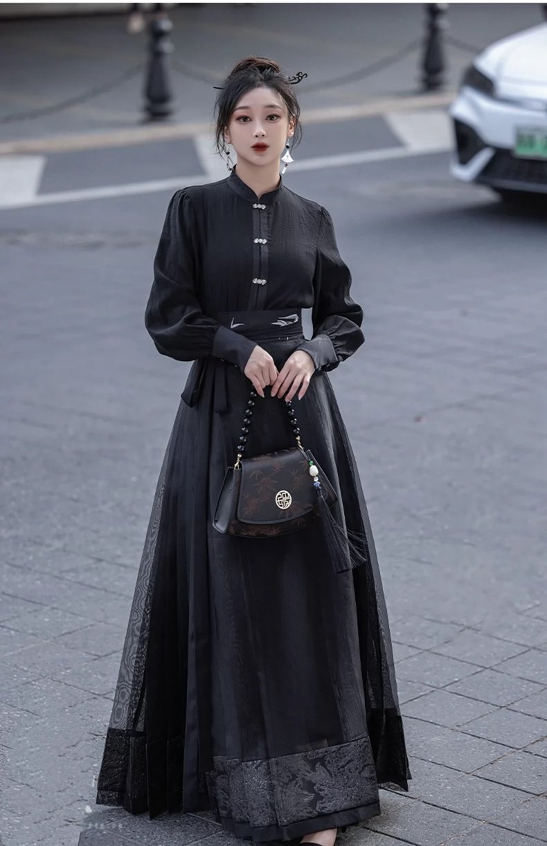 Embroidery Black Long Dress Chinese Modern Hanfu