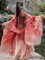 Red Hanfu Dress – Embroidered Fairy Flowing Chinese Outfit Set - Image 2