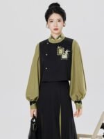 Modern Hanfu Three Piece Set Women – Embroidered Vest, Stand Collar Blouse & Flowing Skirt - Image 4