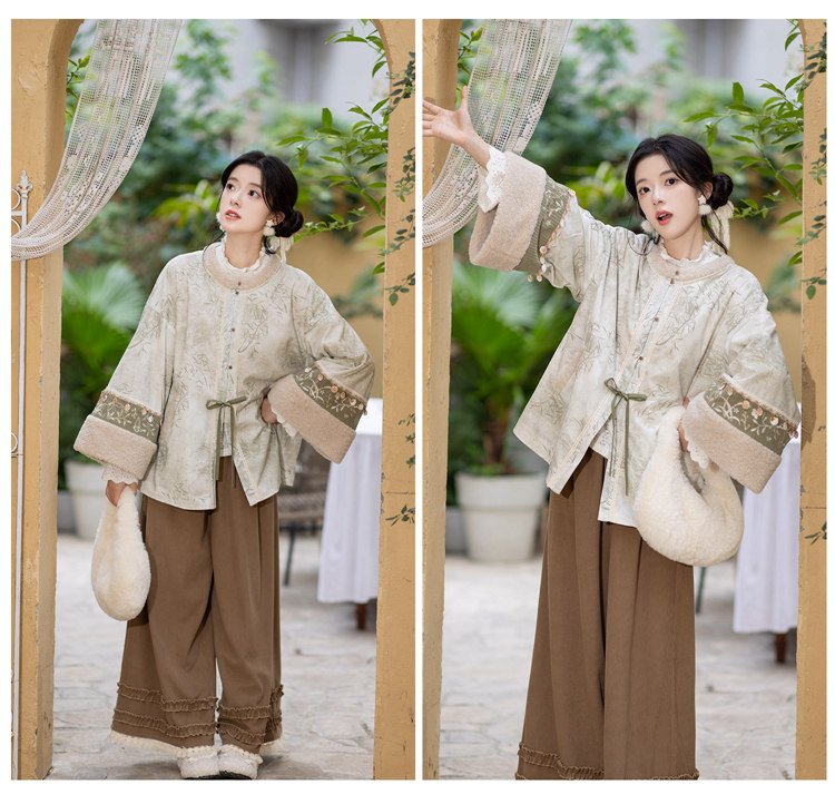 Front and back view of the Mist Bamboo Hanfu worn by model.