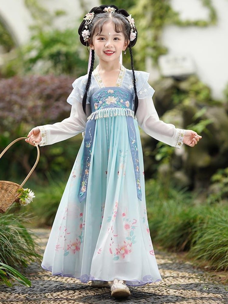 Full body view of blue kids Hanfu