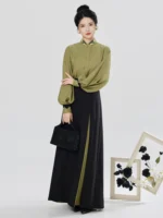 Modern Hanfu Three Piece Set Women – Embroidered Vest, Stand Collar Blouse & Flowing Skirt - Image 2