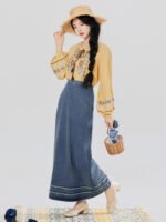 New Chinese Style Outfit Women – Embroidered Top & Denim Skirt - Image 3