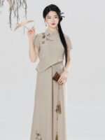 Modern Hanfu Pants Set Women – Embroidered Linen Feel Top & Wide Leg Trousers - Image 3