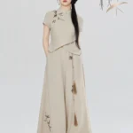 Modern Hanfu Pants Set Women – Embroidered Linen Feel Top & Wide Leg Trousers