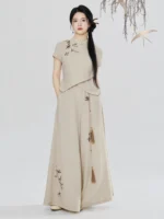 Modern Hanfu Pants Set Women – Embroidered Linen Feel Top & Wide Leg Trousers