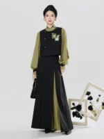 Modern Hanfu Three Piece Set Women – Embroidered Vest, Stand Collar Blouse & Flowing Skirt