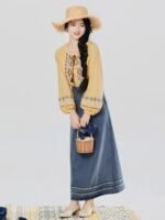 New Chinese Style Outfit Women – Embroidered Top & Denim Skirt - Image 4