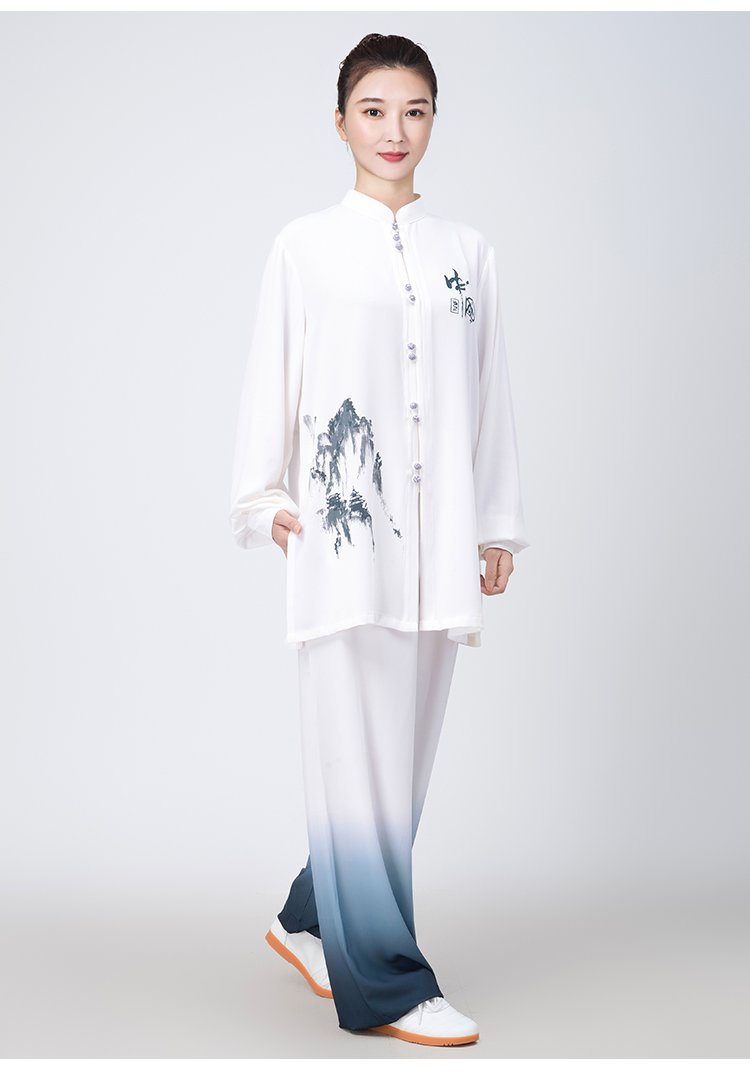 Woman wearing silk-linen Tai Chi suit performing stance pose