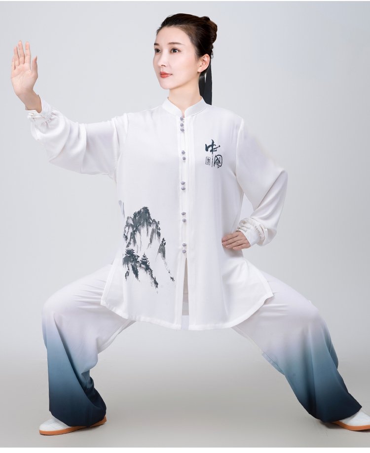 Side view of silk-linen Tai Chi suit with flowing sleeves