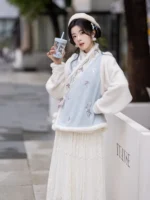 Soft Winter Outfit Embroidered Fleece Vest & Lace Skirt Set