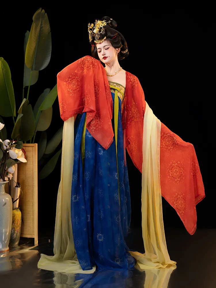 Side-view photograph of the Star Bridge Tang Dynasty ruqun showing sleeve embroidery and waist details.