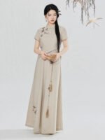 Modern Hanfu Pants Set Women – Embroidered Linen Feel Top & Wide Leg Trousers - Image 5