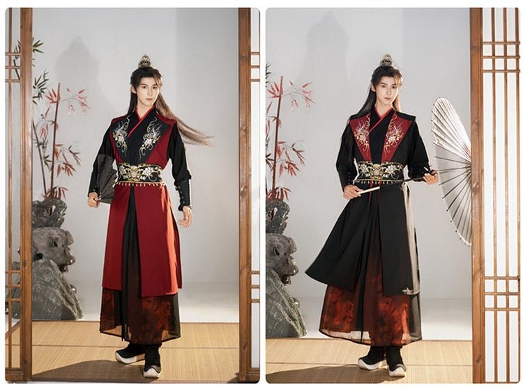Two models wearing Wuxia-style Hanfu robes in red and black, showcasing martial hero look.